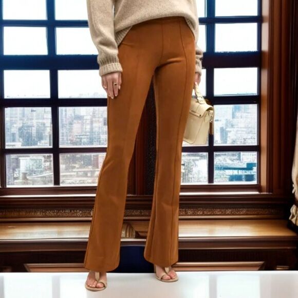 SPANX Faux Suede Pants M Flare Leg Pull On Stretch Camel Color Bohemian Hippie. - Picture 14 of 16